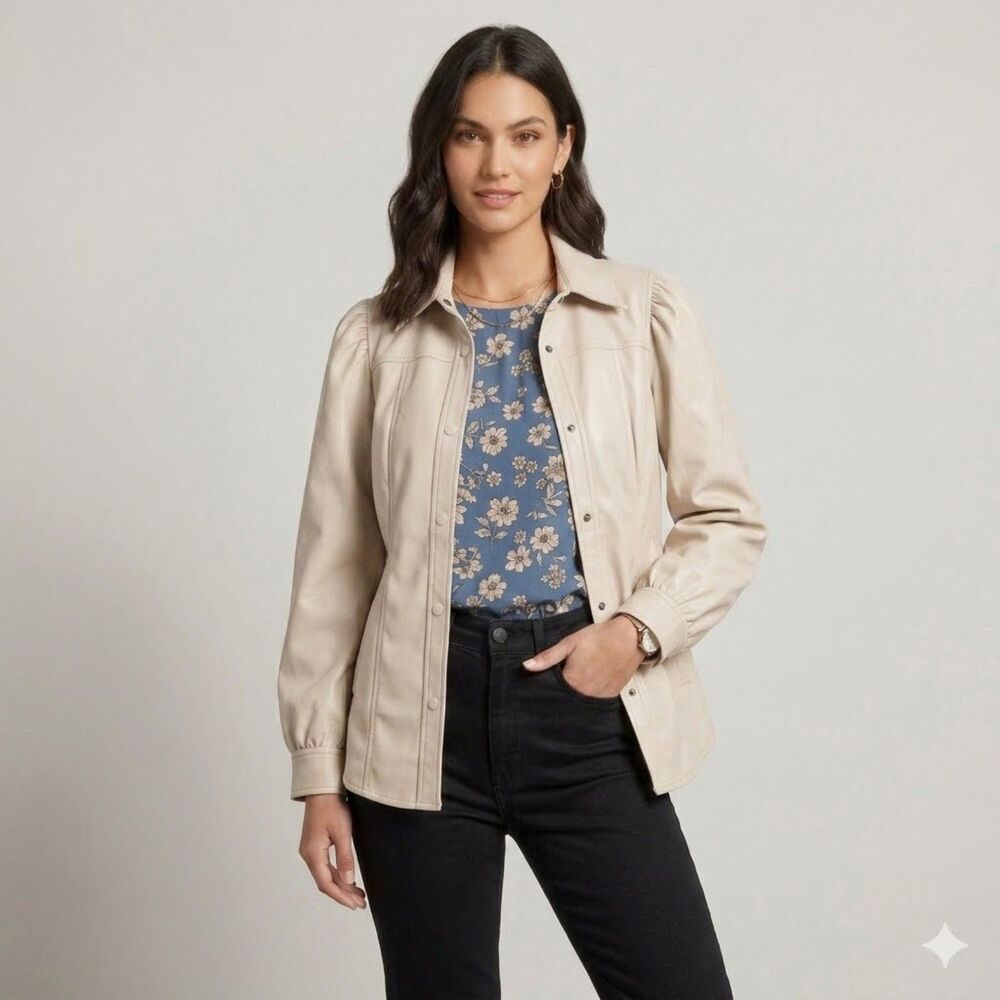 Blank NYC Faux Leather Puff Sleeve Shacket Shirt Jacket Cream Beige Women's XS